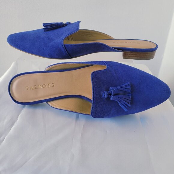 Talbots Blue Suede Leather Tassel Pointed Toe Mules (Size: 9½M) - Picture 7 of 13